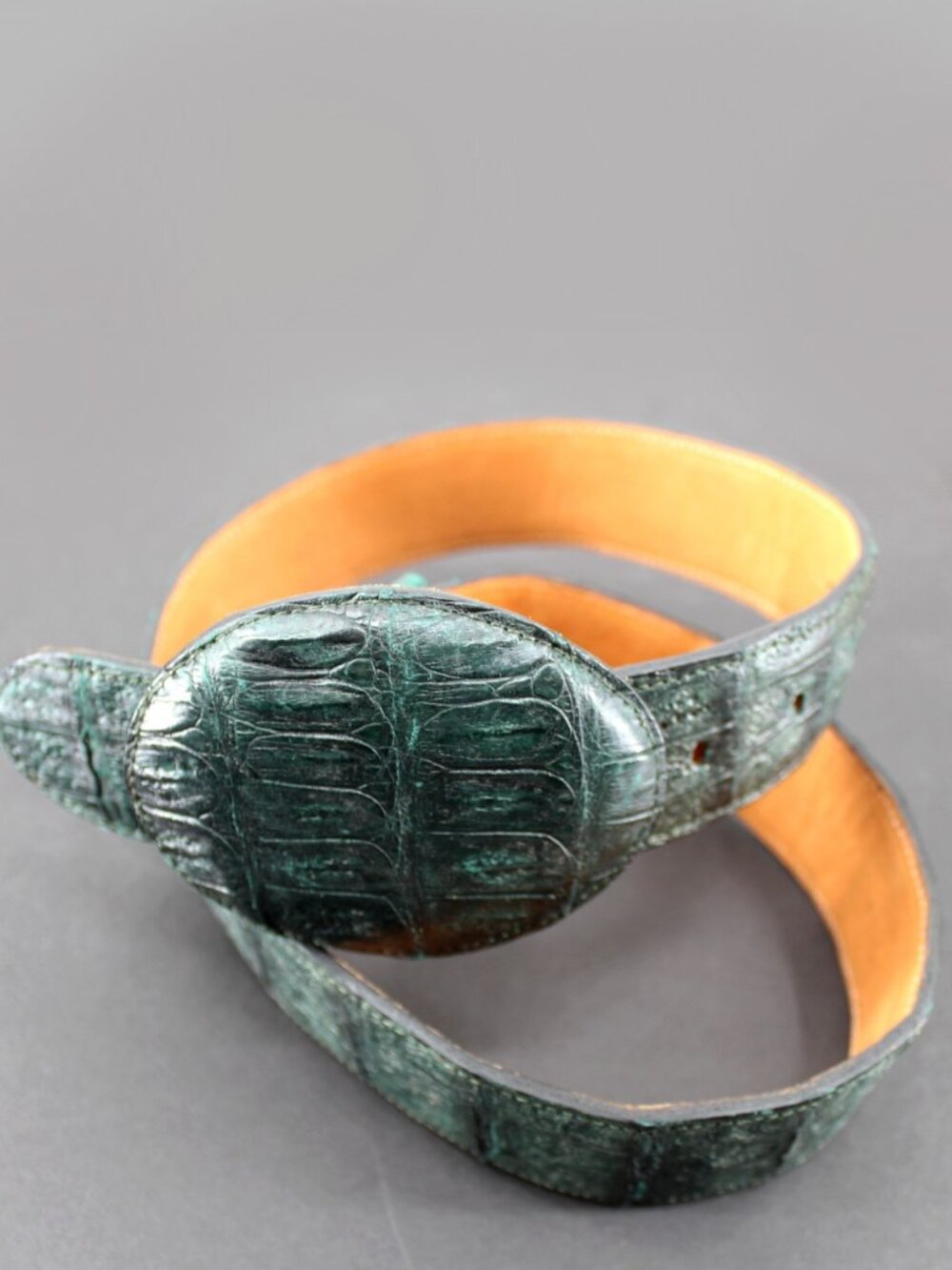 Vintage Caiman Leather Belt Green Exotic Skin Western Buckle Handmade SZ 32